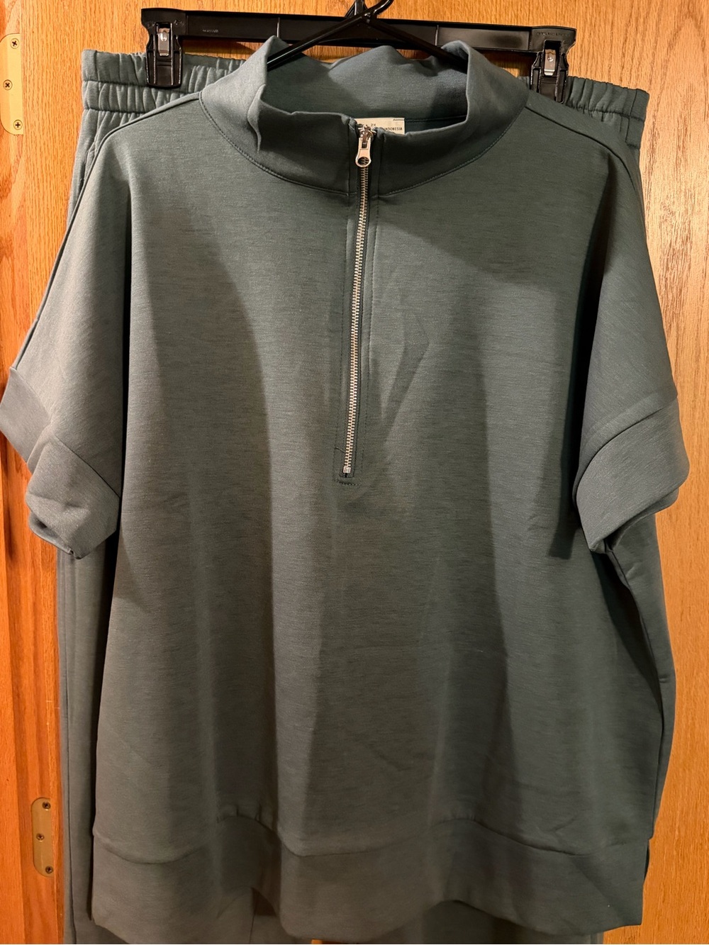 Zenana Outfitters Short-Sleeve Half-Zip Pullover and pants set in greenish gray